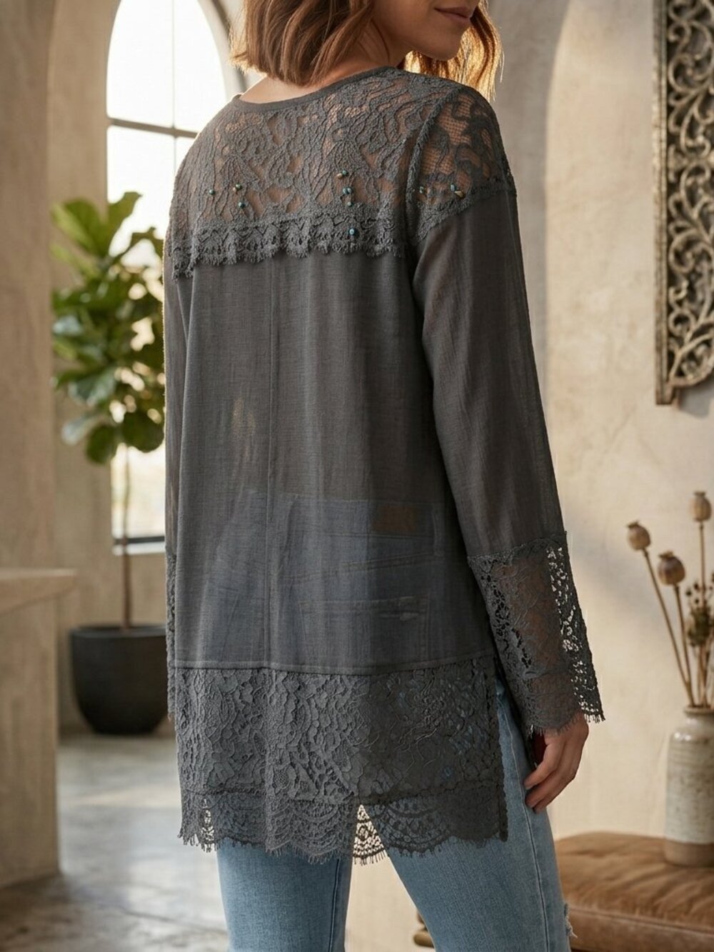 Free People New Romantics Lace Long Sleeve Top Green Size XS